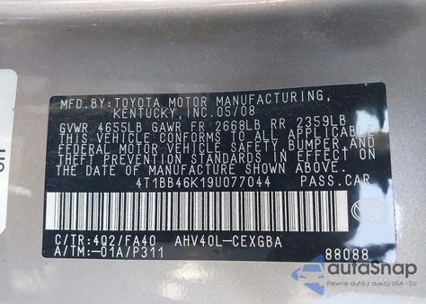 2009 Toyota Camry Hybrid from USA, damaged, VIN 4T1BB46K19U077044